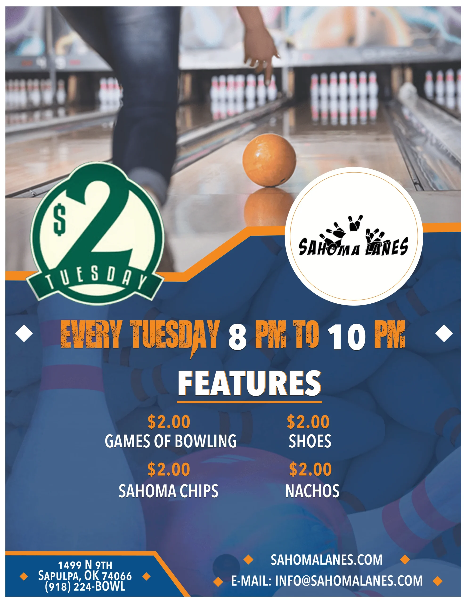 Sahoma Lanes $2 Tuesday — Every Tuesday 8–10pm