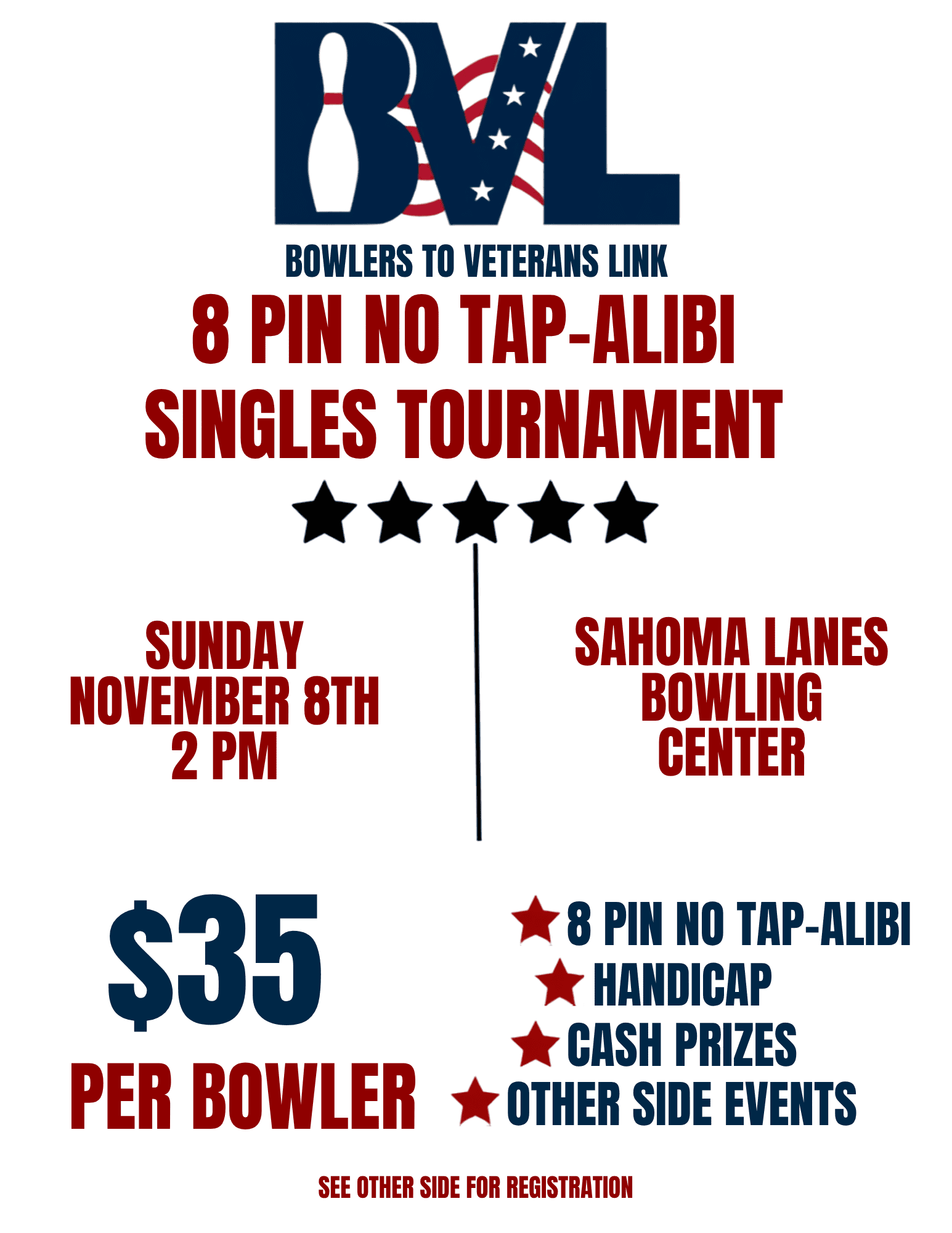 BVL 8 Pin No Tap-Alibi Singles Tournament flyer