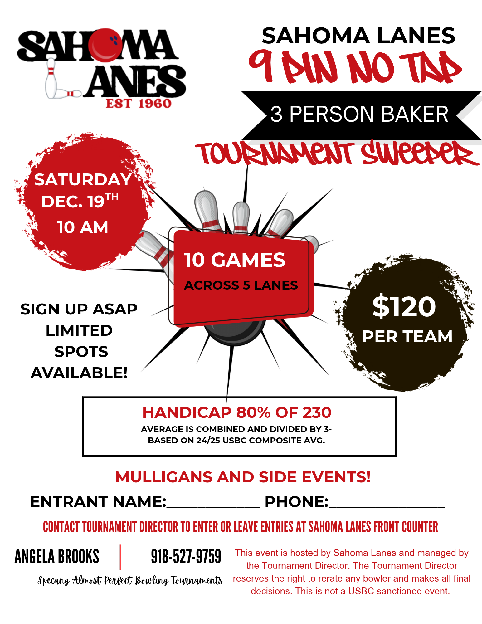 9 Pin No Tap 3 Person Baker Tournament Sweeper flyer